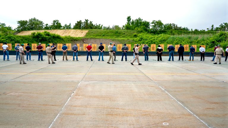 NYPD officers practice at Rodman's neck gun range in the Bronx on May 30, 2018, as they train on 9mm firearms.