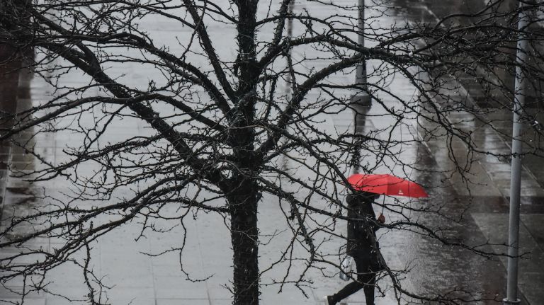 A bright red umbrella in Brooklyn stands out against the gloom of the nor'easter that hit New York City on March 2, 2018.