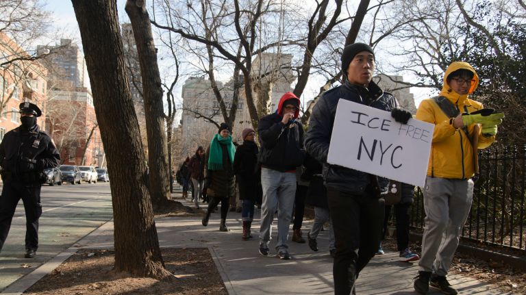 The participants called on Immigration and Customs Enforcement to immediately release immigrant rights leaders Ravi Ragbir and Jean Montrevil.