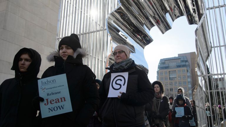 Protesters in Washington Square Park on Monday, Jan. 15, 2018, called on Immigration and Customs Enforcement to immediately release immigrant rights leaders Ravi Ragbir and Jean Montrevil.