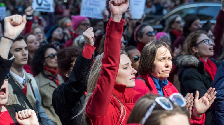 Solidarity was the theme during the A Day Without a Woman rally in Manhattan on March 8, 2017. 