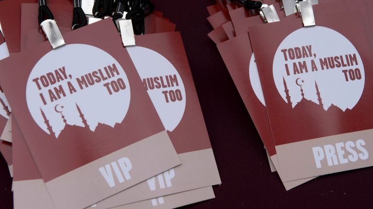 VIP badges for speakers and organizers are prepared at the I Am A Muslim Too rally in Times Square on Feb. 19, 2017.