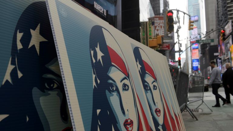 Signs for the I Am A Muslim Too rally are placed against barricades in Times Square before the noon start time of the event on Feb. 19, 2017.