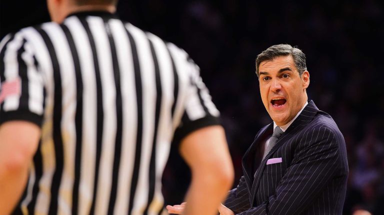 Villanova head coach Jay Wright argues a call by the official during a game against Georgetown in the Big East Tournament at Madison Square Garden on Thursday, March 10, 2016.