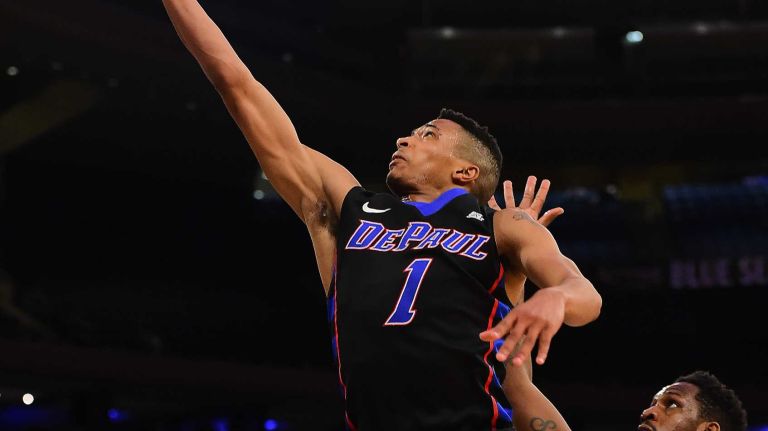 DePaul guard Darrick Wood (1) drives past Georgetown guard L.J. Peak (0) during the Big East Tournament at Madison Square Garden in New York, New York on Wednesday, Mar 9, 2016.