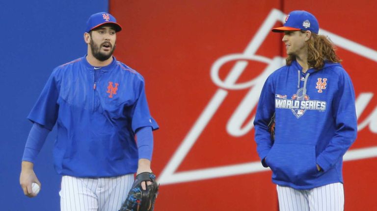 New York Mets starting pitchers Matt Harvey and Jacob deGrom during batting practice of Game 3 of the World Series against the Kansas City Royals at Citi Field on Friday, Oct. 30, 2015.