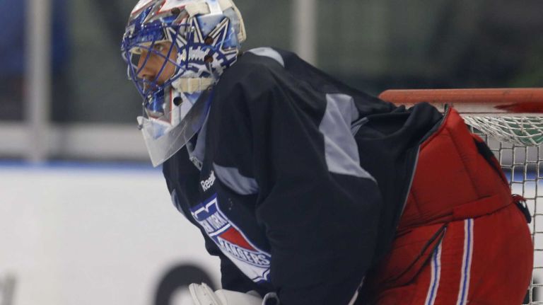 Henrik Lundqvist of the Rangers looks on during practice on Thursday, May 28, 2015 at the MSG Training Center in Greenburgh, N.Y.