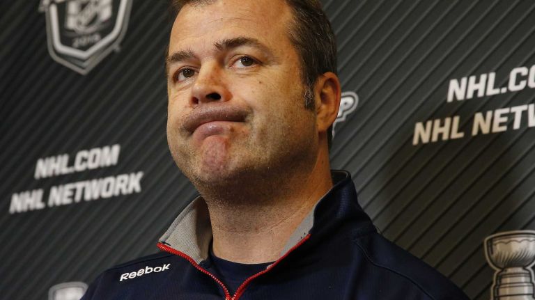 Alain Vigneault of the Rangers speaks to the media following practice on Thursday, May 28, 2015 at the MSG Training Center in Greenburgh, N.Y.