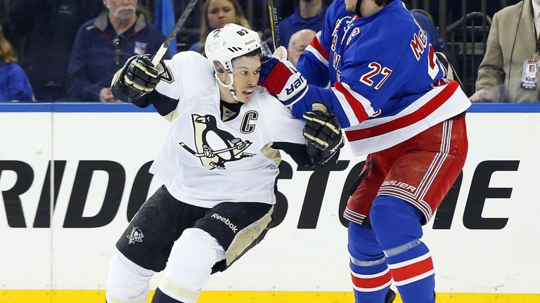 Sidney Crosby of the Pittsburgh Penguins skates against Ryan McDonagh of the New York Rangers in the third period during Game 5 of the Eastern Conference Quarterfinals at Madison Square Garden on Friday, April 24, 2015.