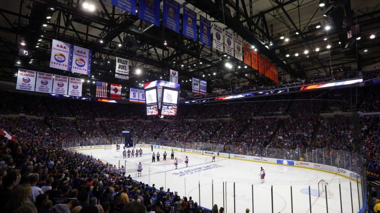 A general view during the national anthem before Game 3 of the Eastern Conference quarterfinals between the New York Islanders and Washington Capitals at Nassau Coliseum on Sunday, April 19, 2015.