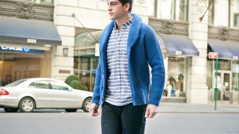 Saturdays NYC button-down, $118, and pants, $118; at Saturdays NYC, 31 Crosby St., 212-966-7875. Bolivares wool sweater, $360; at bolivares.com. Call It Spring loafers, $50; at Call It Spring, 100 W. 33rd St., 212-967-4645