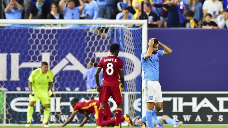 NYCFC vs. Real Salt Lake 26 New York City FC midfielder Andrea Pirlo (21) reacts after his team misses a scoring chance in an MLS game against Real Salt Lake at Yankee Stadium in Bronx, New York on Thursday, June 2, 2016.