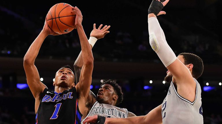 DePaul guard Darrick Wood (1) is pursued by Georgetown guard Tre Campbell (1) during the Big East Tournament at Madison Square Garden in New York, New York on Wednesday, Mar 9, 2016.