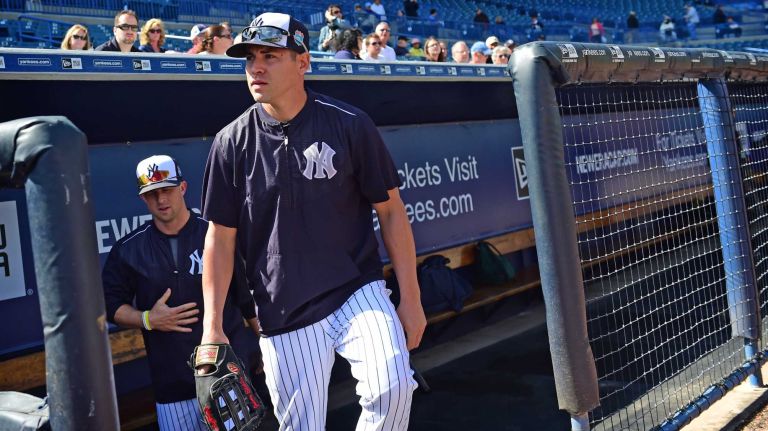 New York Yankees spring training 2016 113 New York Yankees Jacoby Ellsbury and Brett Gardner takes the field during Spring Training at George M. Steinbrenner Field in Tampa, Fla. on Feb. 25, 2016. Today was the first full team workout of Spring Training.