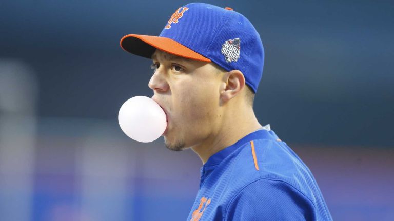 New York Mets shortstop Wilmer Flores during batting practice of Game 3 of the World Series against the Kansas City Royals at Citi Field on Friday, Oct. 30, 2015.