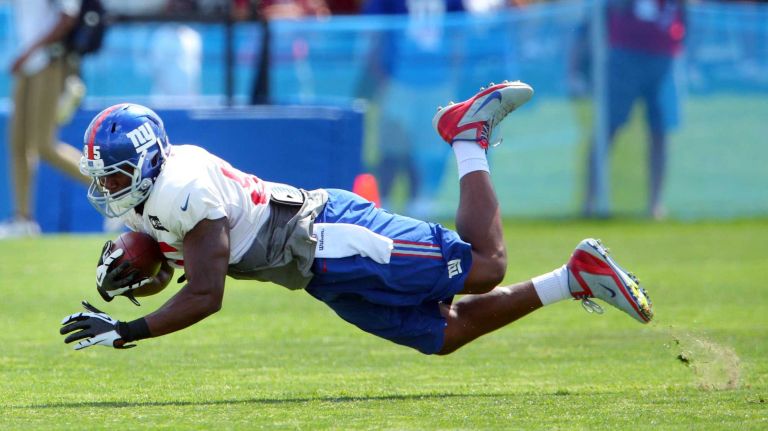 New York Giants tight end Daniel Fells #85 makes a diving catch during training camp at the Quest Diagnostics Training Center in East Rutherford, N.J., on Sunday, Aug. 2, 2015.