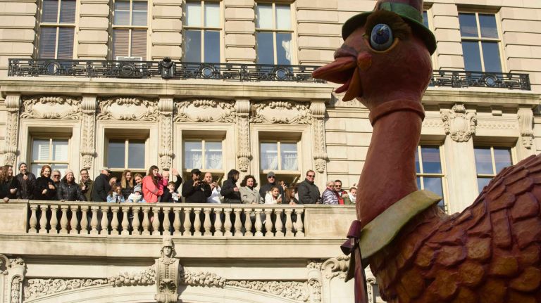 The Tom Turkey float is pulled along Central Park West on Thursday, Nov. 24, 2016, as the 90th Macy's Thanksgiving Day Parade steps off in Manhattan.