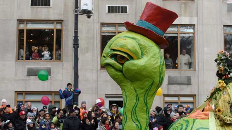 A float is pulled along Central Park West Thursday, Nov. 24, 2016, at the start of the 90th Macy's Thanksgiving Day Parade in Manhattan.