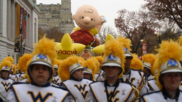 Charlie Brown floats above Central Park West before the start of the 90th Macy's Thanksgiving Day Parade in Manhattan on Nov. 24, 2016.
