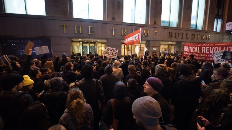 Anti-Trump demonstrators at the rally and march from Foley Square to the Trump Building, at 40 Wall St., in Manhattan on Jan. 20, 2017.