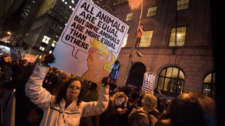 Anti-Trump demonstrators at the rally and march from Foley Square to the Trump Building at 40 Wall St. in Manhattan on Jan. 20, 2017.