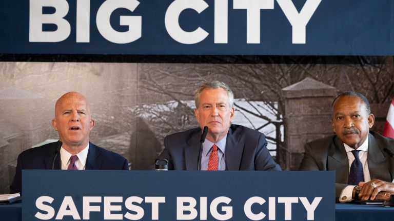 Police Commissioner James O'Neill, left, New York City Mayor Bill de Blasio, center, and NYPD First Deputy Commissioner Benjamin Tucker at Tuesday's crime statistics briefing.  