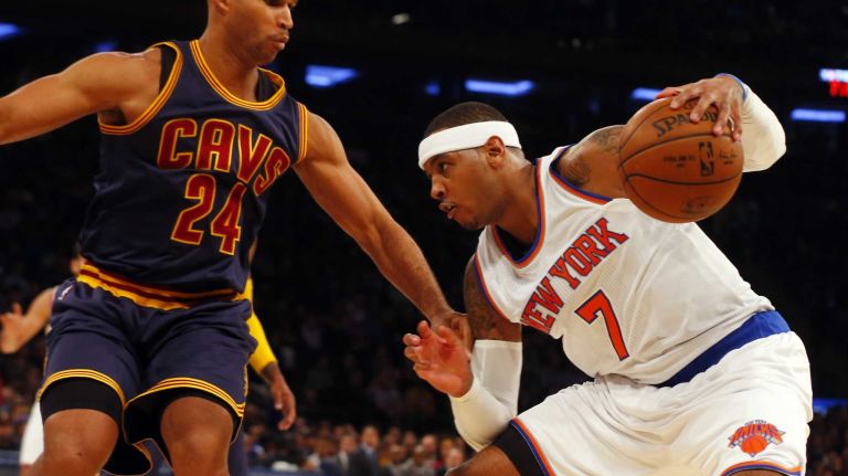 Carmelo Anthony #7 of the New York Knicks drives to the hoop in the first quarter against Richard Jefferson #24 of the Cleveland Cavaliers at Madison Square Garden on Friday, Nov. 13, 2015 in New York City.