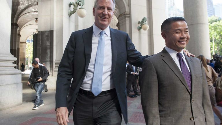 Democratic mayoral nominee Bill de Blasio and Comptroller John Liu. (Sept. 24, 2013)