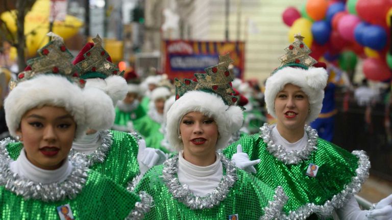Participants prepare Thursday, Nov. 24, 2016, for the start of the 90th Macy's Thanksgiving Day Parade in Manhattan.