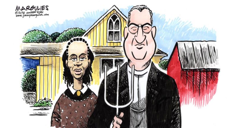 Jimmy Margulies cartoon about Mayor de Blasio and Chirlane McCray campaigning for Hillary Clinton in Iowa.