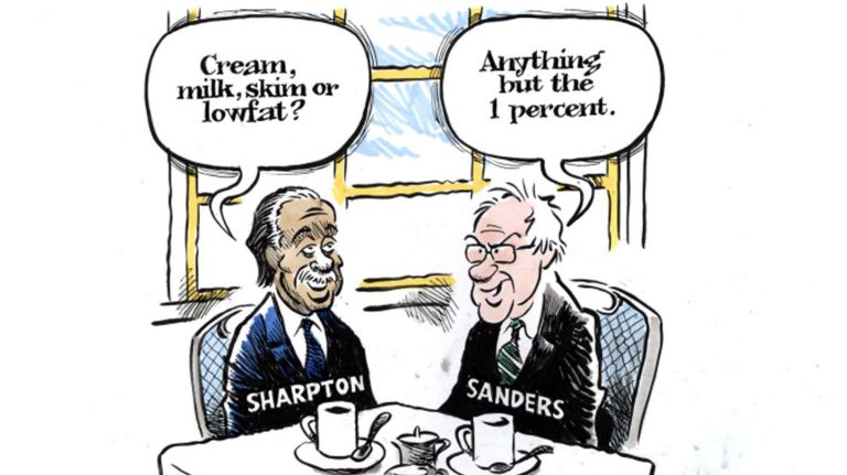 Jimmy Margulies cartoon about Al Sharpton meeting Bernie Sanders