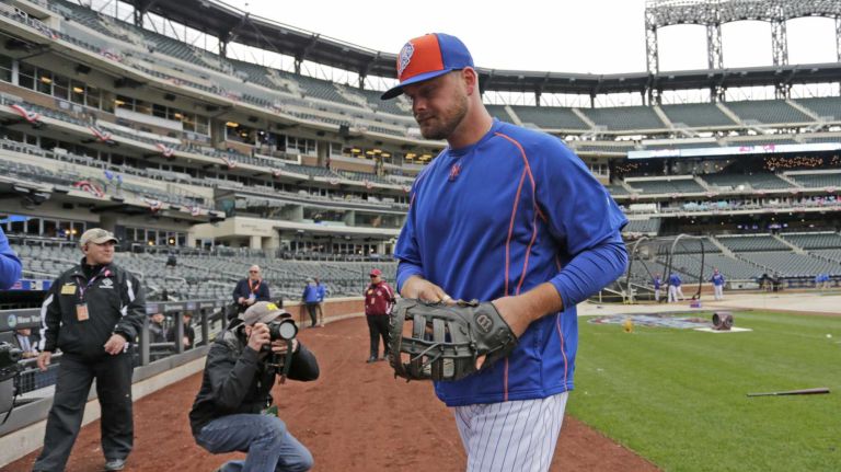 New York Mets first baseman Lucas Duda, No. 21, walks off the field during batting practice before the Mets' home opener against the Philadelphia Phillies on Friday, April 8, 2016, at Citi Field.