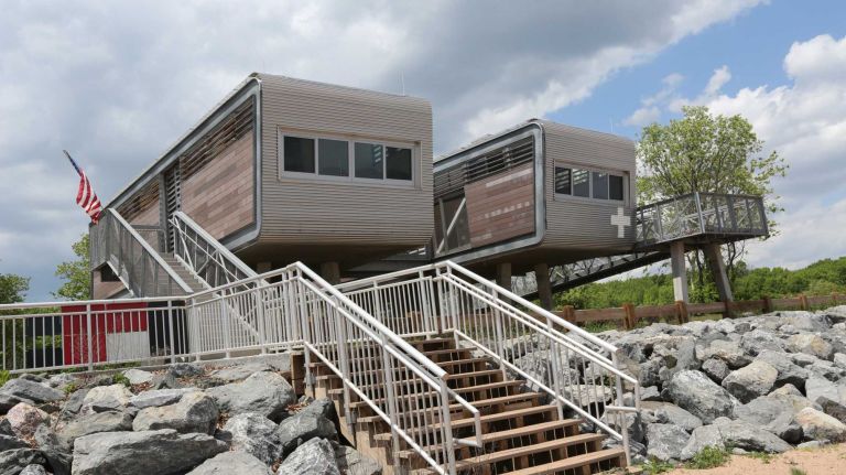 The new lifeguard stations and restroom trailers at Wolfe's Pond Park in Prince's Bay, Staten Island, Friday, May 22, 2015.