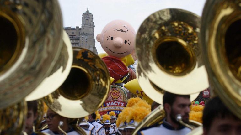 Charlie Brown floats above Central Park West on Thursday, Nov. 24, 2016, as the 90th Macy's Thanksgiving Day Parade prepares to step off in Manhattan.