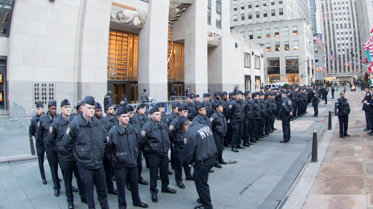 NYPD officers preparing for the funeral mass for NYPD Det. Steven McDonald at St. Patrick Cathedral in New York City, Friday Jan 13, 2017.