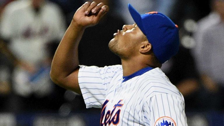 Mets relief pitcher Jeurys Familia reacts after the Mets defeat the Miami Marlins, 4-3, in a baseball game at Citi Field on Monday, Sept. 14, 2015.