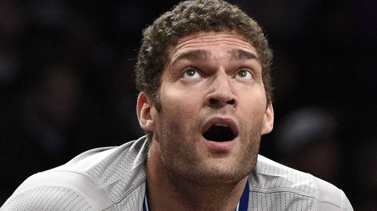 Brooklyn Nets center Brook Lopez looks on against the Chicago Bulls in the first half of an NBA game at Barclays Center on Sunday, Nov. 30, 2014.