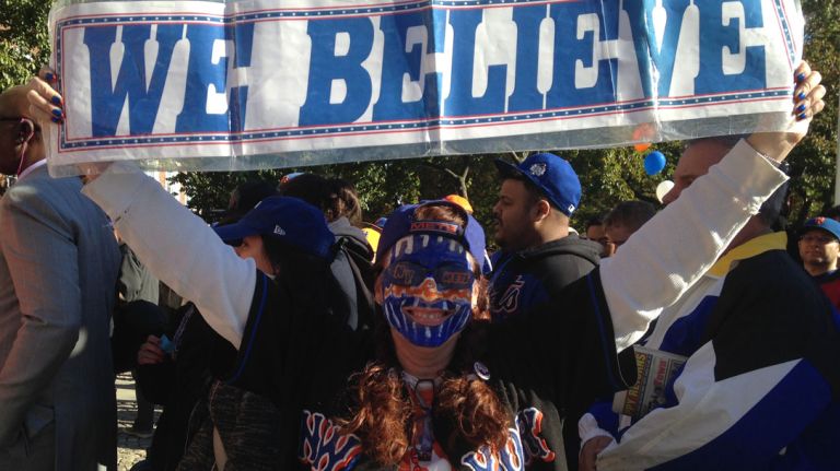 Cheryl Solomon, 49, of Plainview, dressed in her Mets best for the rally on Oct. 26, 2015.