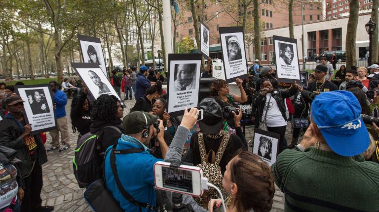 Hundreds of people, including family members and friends of people killed by law enforcement officers, marched from Brooklyn's Cadman Plaza to the Barclays Center on Thursday, to observe the National Day of Protest to Stop Police Brutality.
