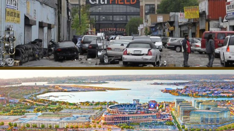 Willets Point now and a rendering of plans for it.