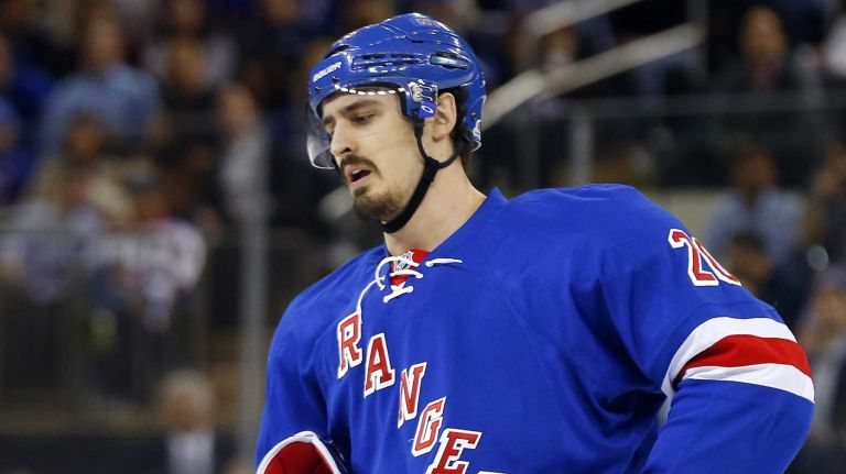 Chris Kreider of the New York Rangers looks on in the first period against the Tampa Bay Lightning during Game 7 of the Eastern Conference Finals at Madison Square Garden on Friday, May 29, 2015.