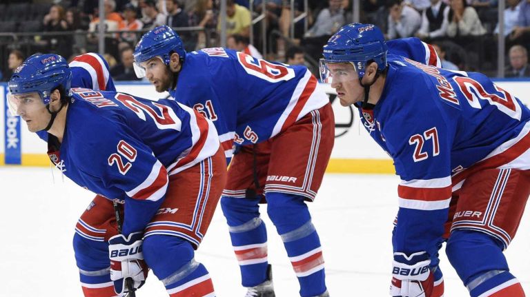 New York Rangers left wing Chris Kreider, left wing Rick Nash and defenseman Ryan McDonagh set for a face-off against the Philadelphia Flyers during the second period of an NHL preseason hockey game at Madison Square Garden on Monday, Sept 28, 2015.