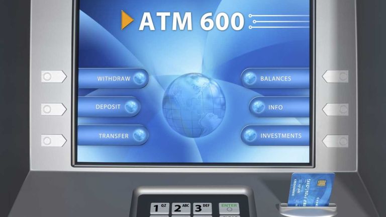 I want to do my banking in peace 1 3D ATM machine with credit card and 100 dollar banknotes. Interface and the logos' design are fictious and are not related to any active product or company.