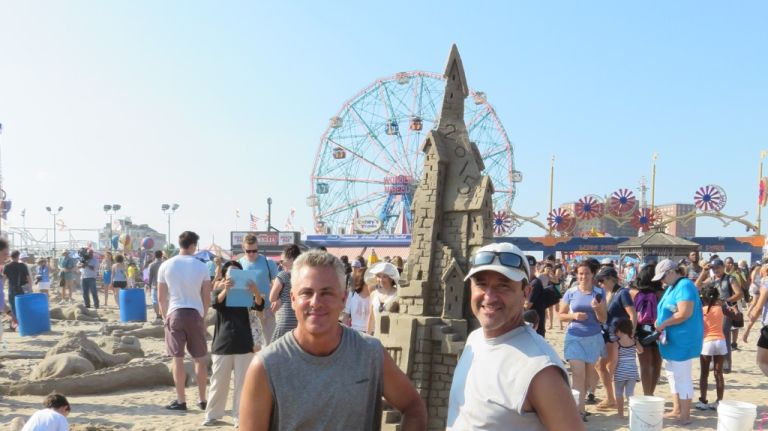 Frank Russo, of Seaford, and Joe Sloboda, of Fort Salonga, with their winning castle, Hogwarts Castle. 