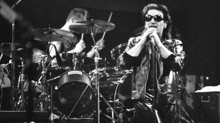 U2 lead singer Bono performs at the Nassau Veterans Memorial Coliseum in Uniondale on March 9,1992, during the band's Irony and Dance era.