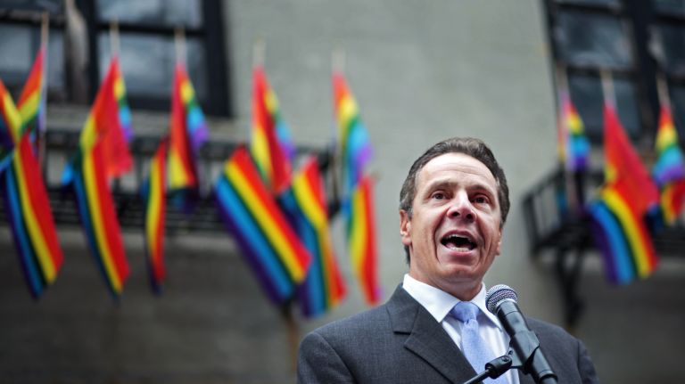 Governor Andrew Cuomo prepares to officiate the wedding of David Contreras Turley and Peter Thiede before the Gay Pride Parade on June 28, 2015 in New York City.
