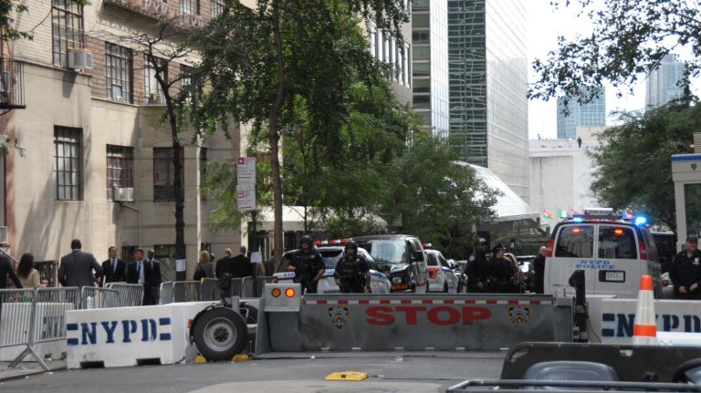 Police barricades block access near the United Nations General Assembly.