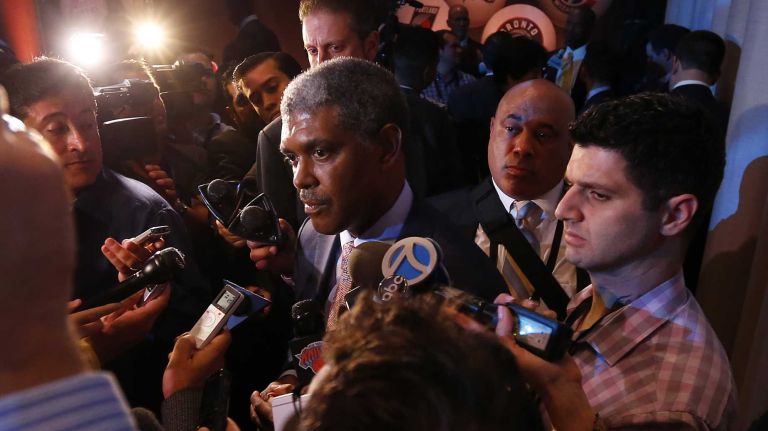 Knicks general manager Steve Mills speaks to the media following the 2015 NBA Draft Lottery at the New York Hilton Midtown on Tuesday, May 19, 2015.