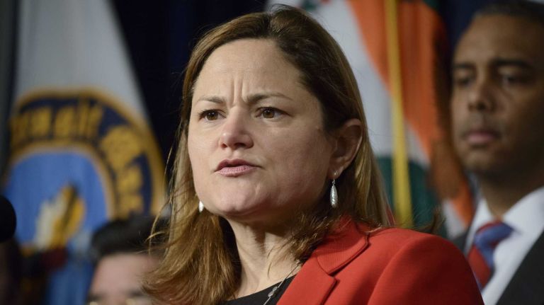 New York City Council Speaker Melissa Mark-Viverito is joined by fellow council members during a news conference at City Hall on Tuesday, April 29, 2014. 