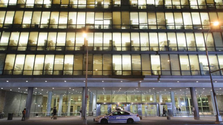 An NYPD vehicle is posted in front of Bellevue Hospital Center on October 26, 2014.